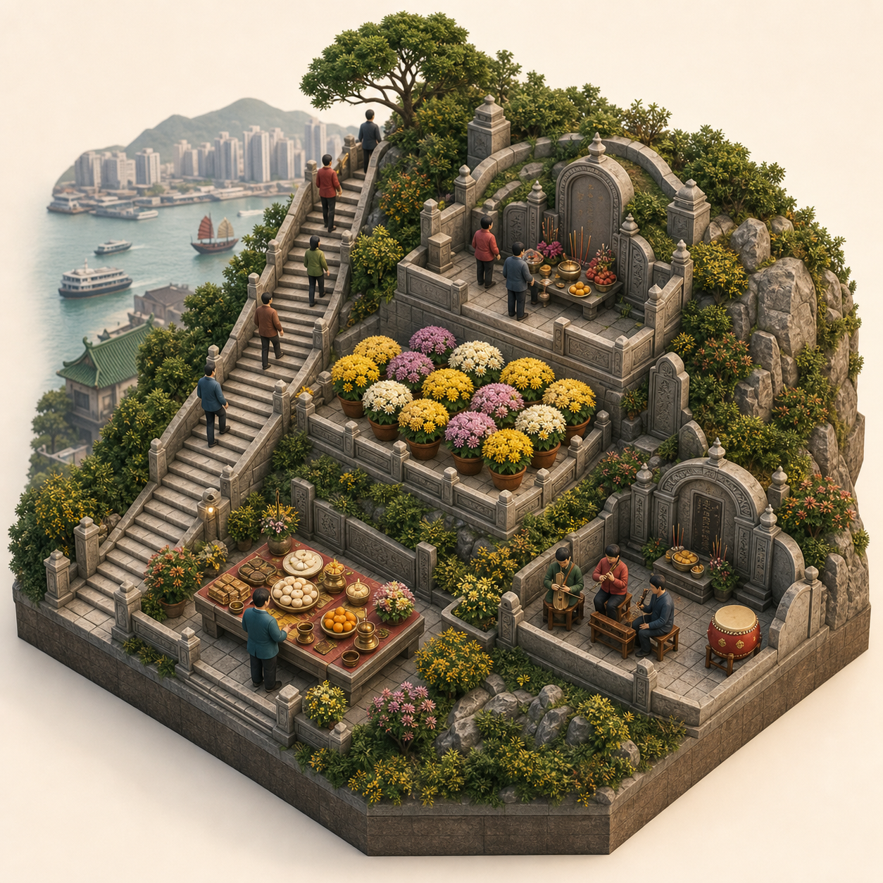 Hong Kong Double Ninth miniature festival model with Climbing stone steps, Chrysanthemum terrace, Tomb-sweeping slope, Rice cake offering tray, Offering music corner