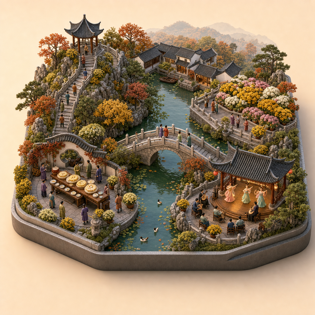 Jiangnan Double Ninth immersive miniature model with climbing cue, chrysanthemum cue, garden viewing bridge, Double Ninth cake table, and local music corner