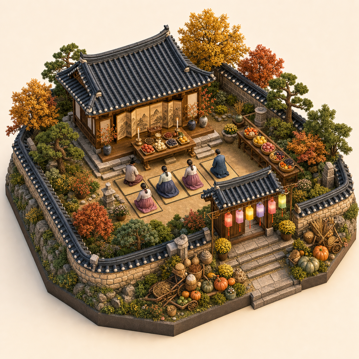 Korean Chuseok miniature festival model with Ancestor screen altar, Offering table, Spirit lantern gate, Fruit offering trays, Chanting mats