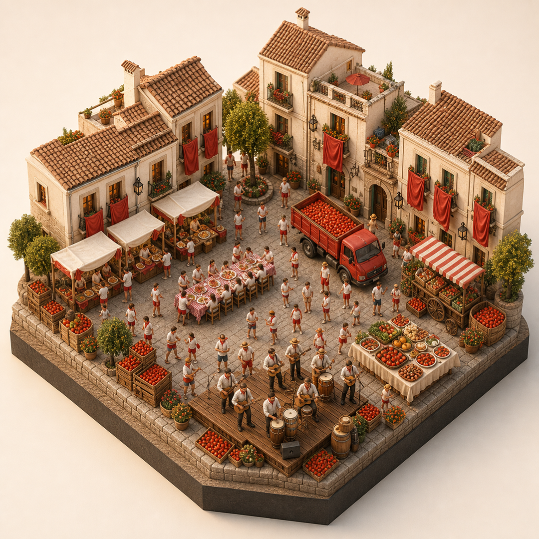 La Tomatina cultural illustration immersive miniature model with Food market stalls, Tasting table, Tomato truck lane, Market food table, Plaza instrument platform
