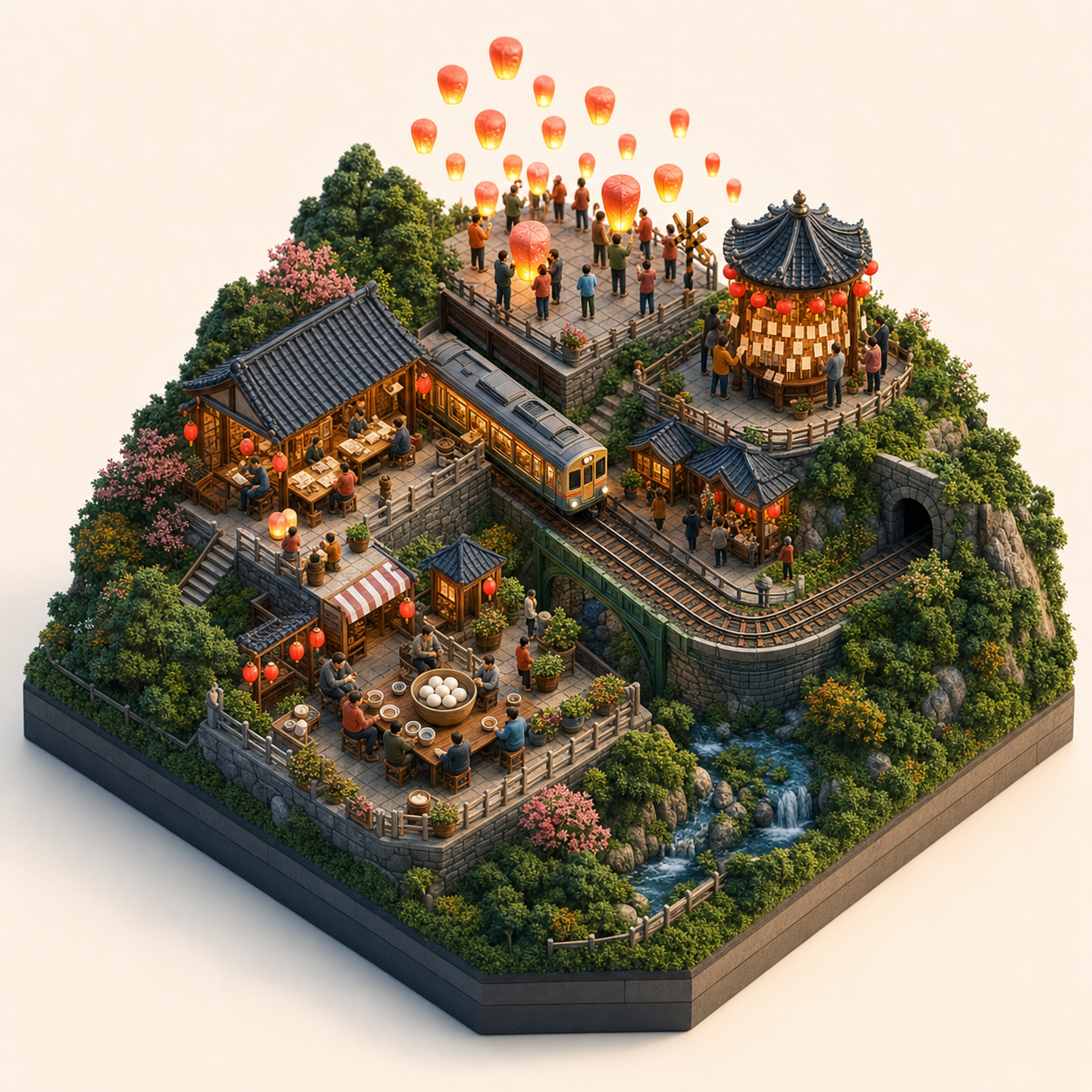 Pingxi Sky Lantern Festival miniature festival model with Sky lantern launch, Riddle lantern pavilion, Prayer paper workshop, Tangyuan tea table, Mountain rail valley