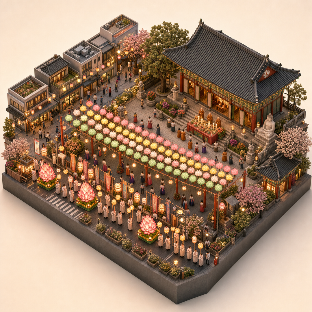 Seoul Lotus Lantern Festival isometric miniature model with lantern procession, temple blessing, temple forecourt, Seoul street, and lotus canopy