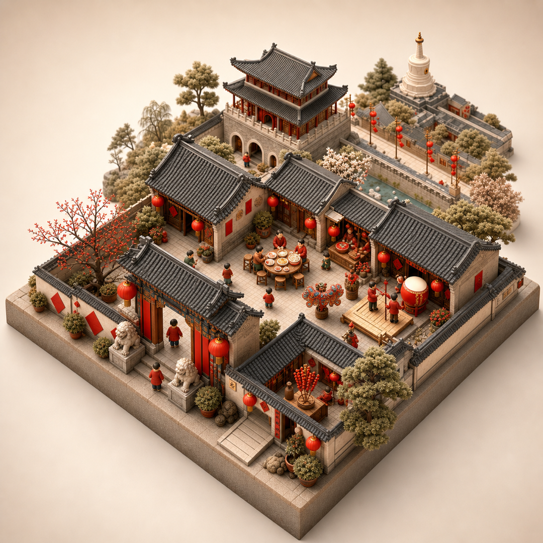 Beijing Spring Festival cultural illustration with lanterns, spring couplets, temple fair, dumplings, and reunion table