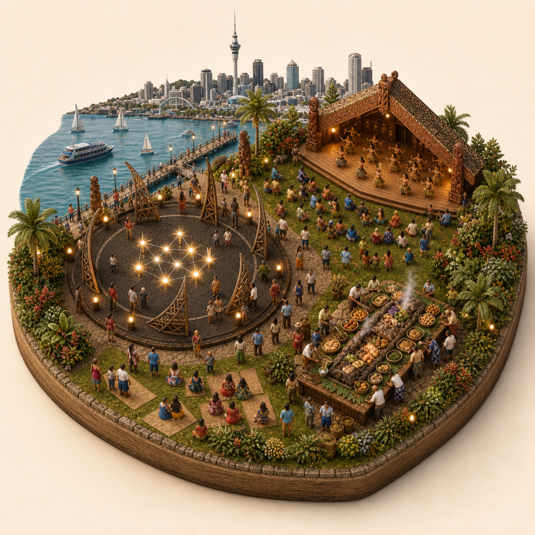Auckland Pasifika and Matariki Festival immersive miniature model with Matariki star court, Pasifika family lawn, Auckland harbor edge, Hangi-style meal table, Pasifika stage