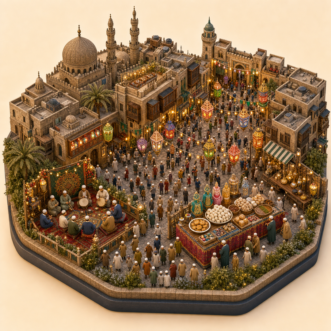 Cairo Mawlid and Moulid immersive miniature model with lanterns, devotional gathering route, Cairo old city, mawlid sweets, and Sufi drum corner