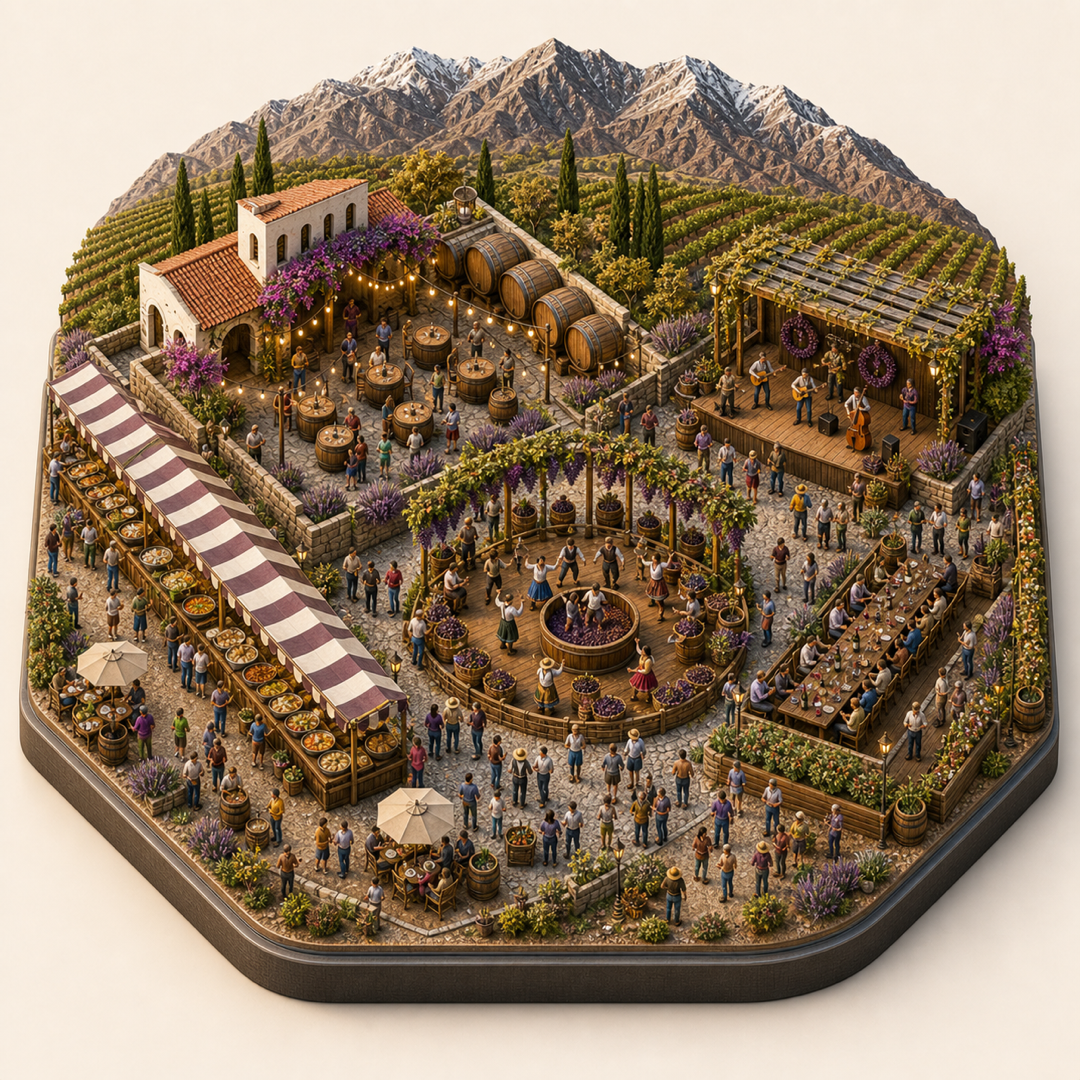 Miniature model visual journey for Vendimia and Regional Food Fair in Mendoza, with five clickable festival zones.