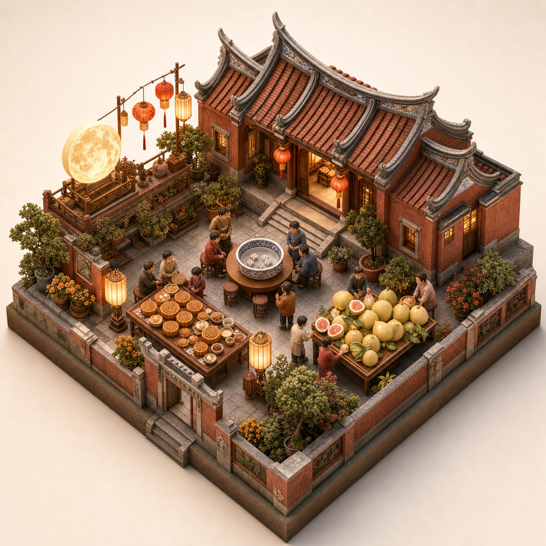 Fujian Mid-Autumn Bobing isometric miniature model with mooncakes, lanterns, dice bowl, pomelo table, and Minnan courtyard