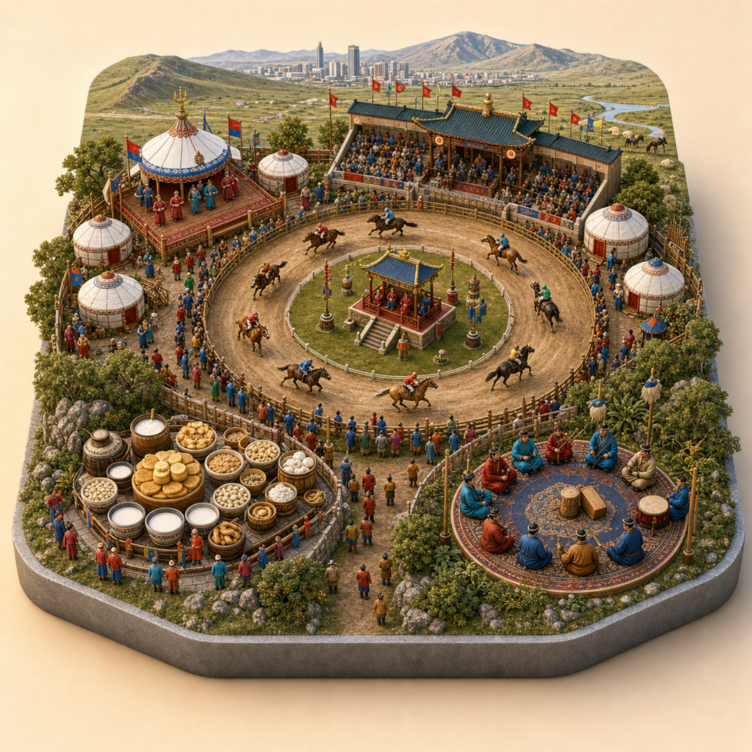 Ulaanbaatar Naadam immersive miniature model with Naadam cue, horse racing cue, stadium horse course, dairy foods table, and long-song singing corner