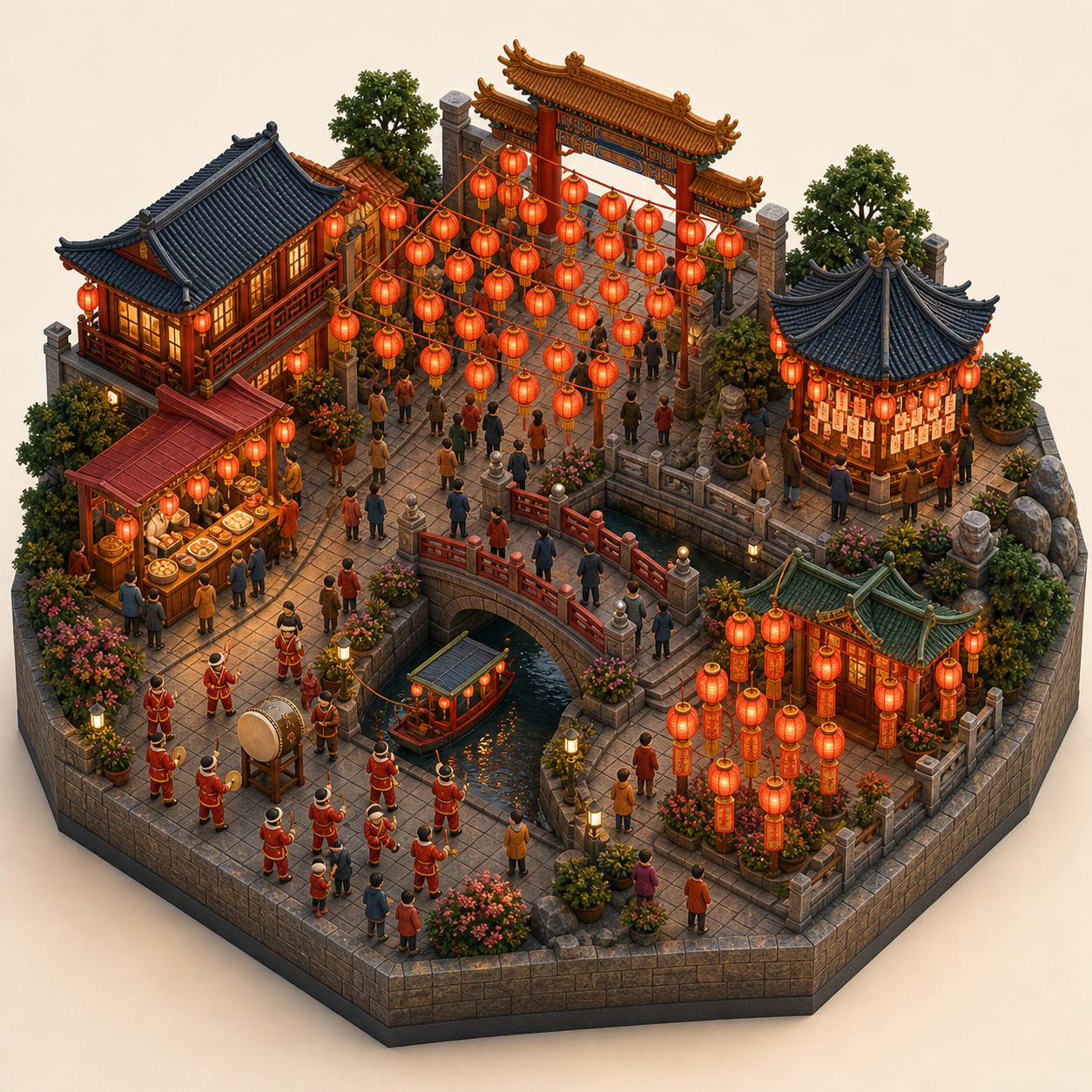 Nagasaki Lantern Festival miniature festival model with Lantern canopy, Riddle lantern stand, Chinatown prayer lanterns, Nagasaki food stall, Procession drums