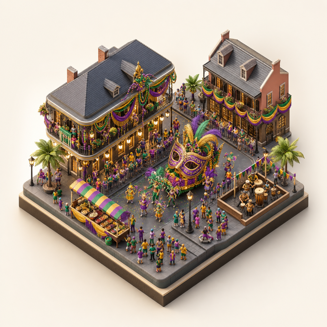 Miniature model visual journey for New Orleans Mardi Gras, with five clickable festival zones.