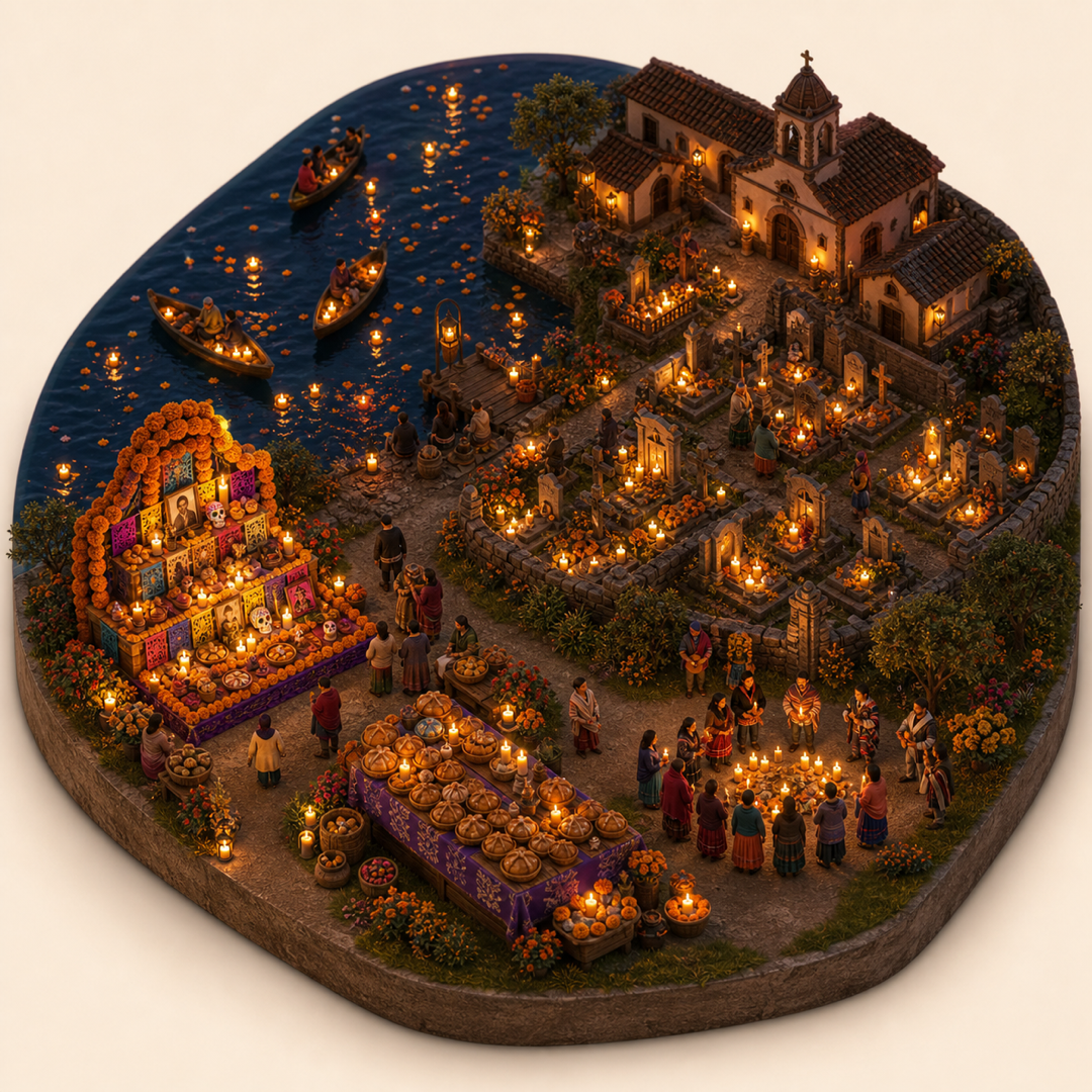 Noche de Muertos Patzcuaro immersive miniature model with Family ofrenda, Cemetery vigil candles, Lakeside canoe, Pan de muerto table, Prayer-song candle ring