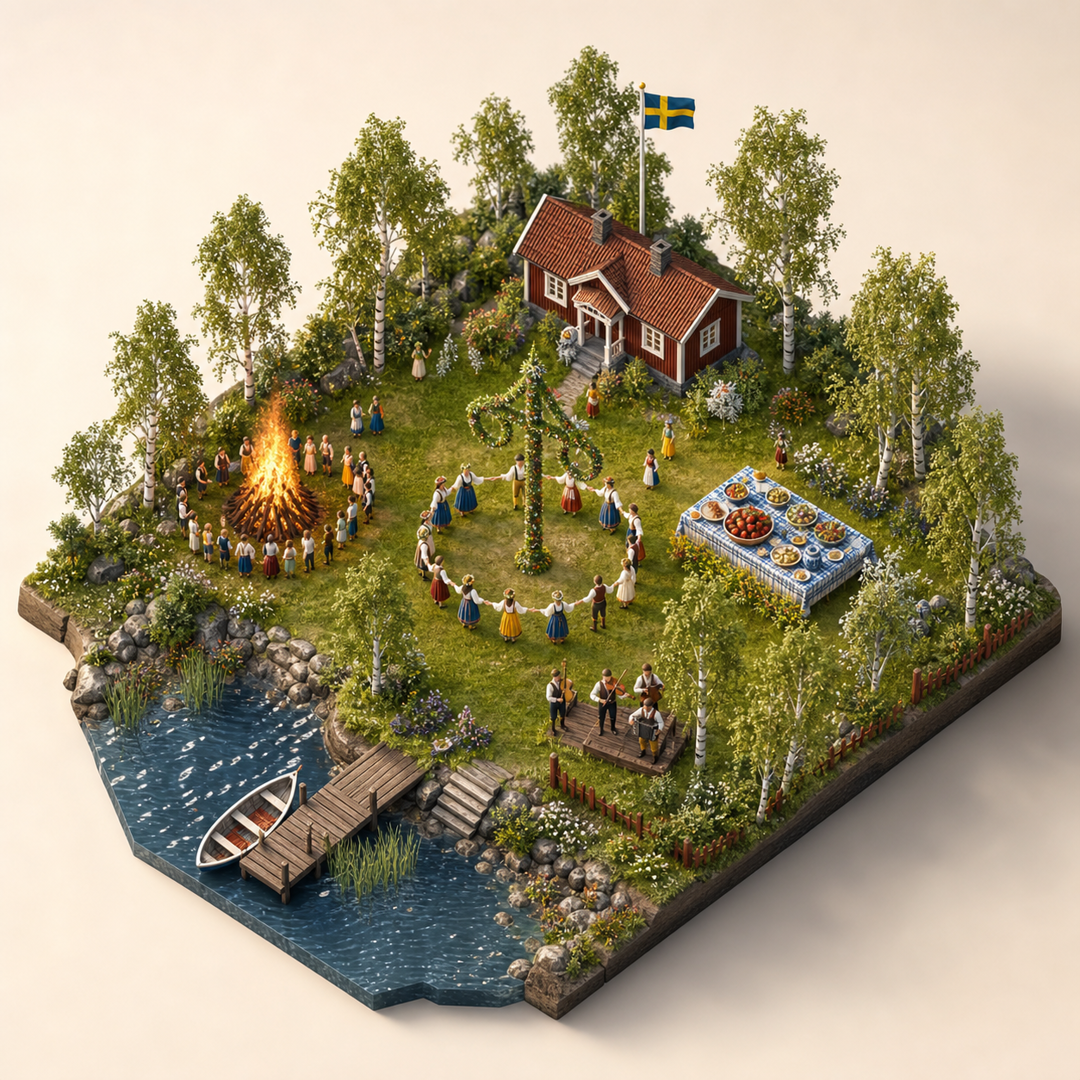 Stockholm Nordic Midsummer cultural illustration immersive miniature model with Midsummer pole, Solstice bonfire, Maypole dance ring, Herring table, Folk fiddle corner
