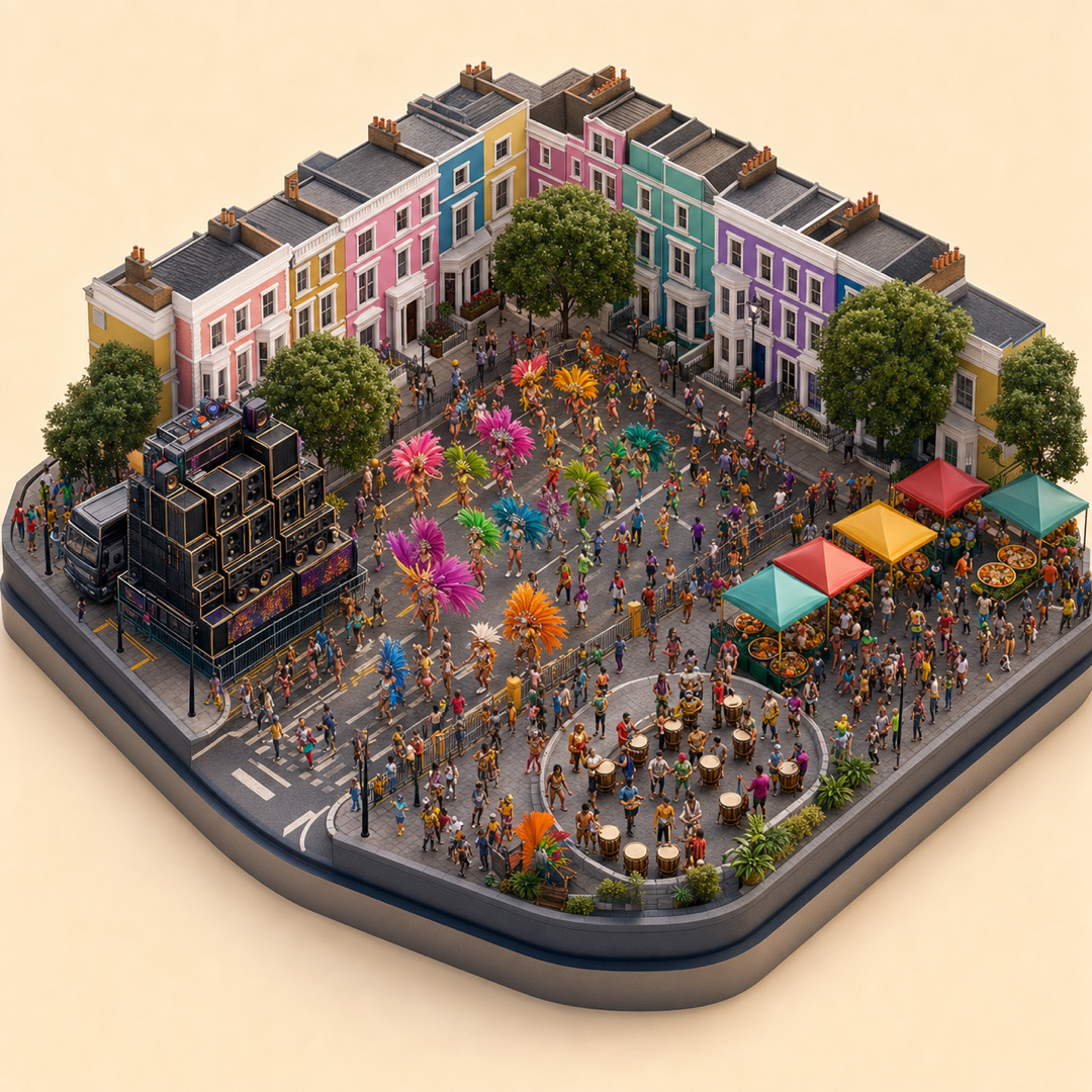 Notting Hill Carnival immersive miniature model with speaker wall, parade route, colorful terraces, Caribbean food bowls, and drum rhythm