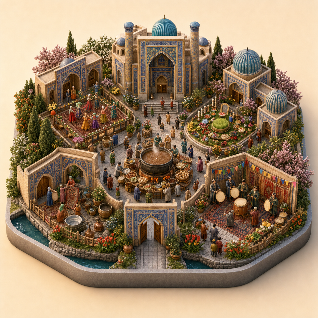 Samarkand Nowruz immersive miniature model with Nowruz cue, Nauryz cue, spring cleaning threshold, sumalak table, and traditional drumming corner