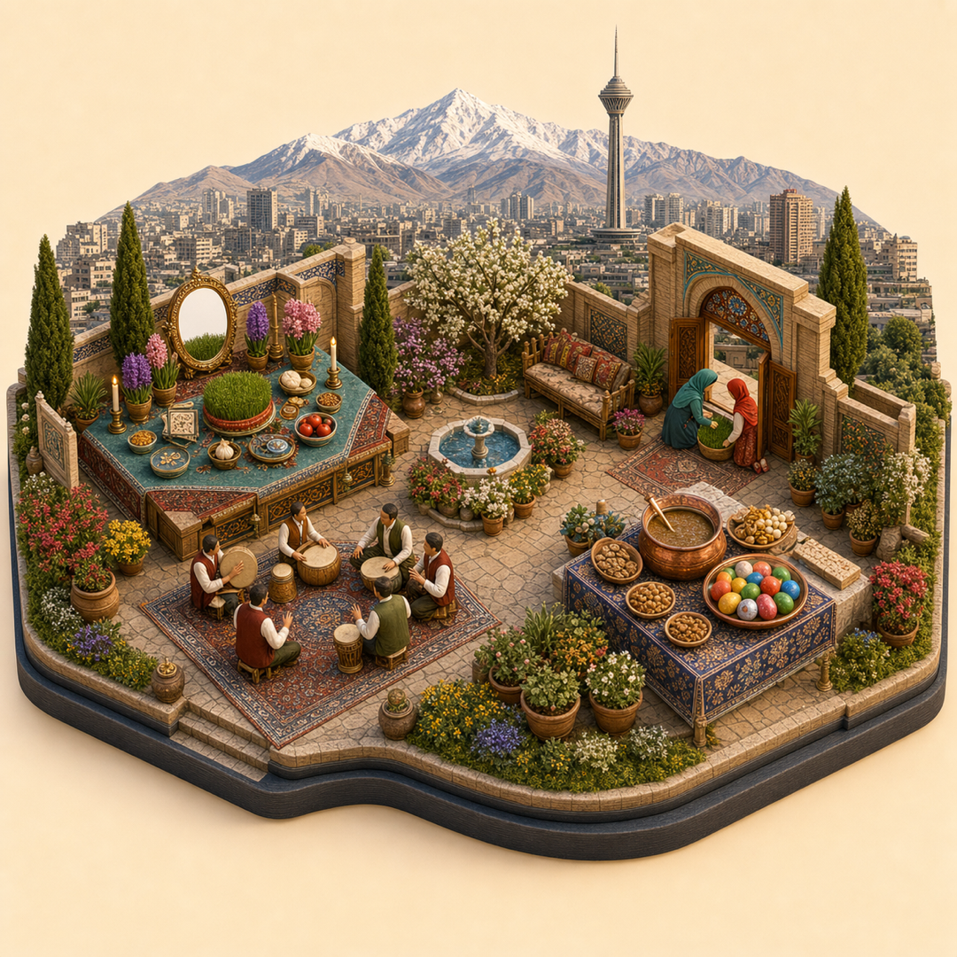 Tehran Nowruz immersive miniature model with haft-seen table, spring-cleaning threshold, Tehran-Alborz view, sumalak table, and drum corner
