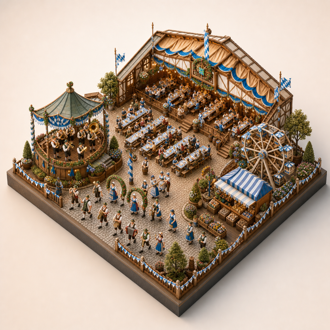 Bavarian Oktoberfest isometric miniature model with feast tables, brass music, beer tent, costume parade, and fairground edge