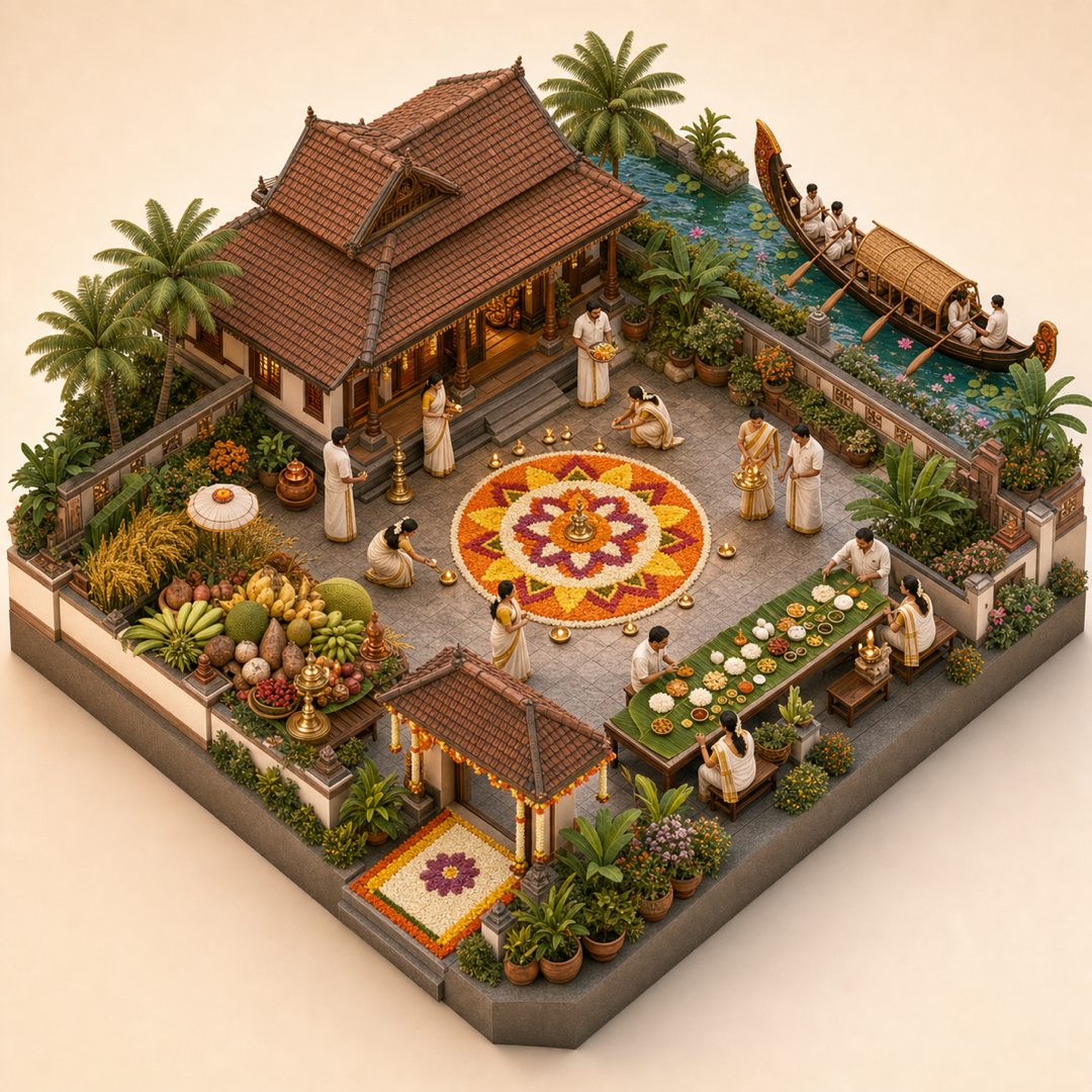 Kerala Onam isometric miniature model with harvest feast, floral threshold, pookalam courtyard, sadya table, and boat water cue