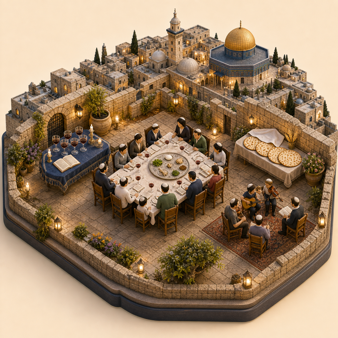 Jerusalem Passover immersive miniature model with Seder plate, story table, Jerusalem stone, matzah, and blessing song corner