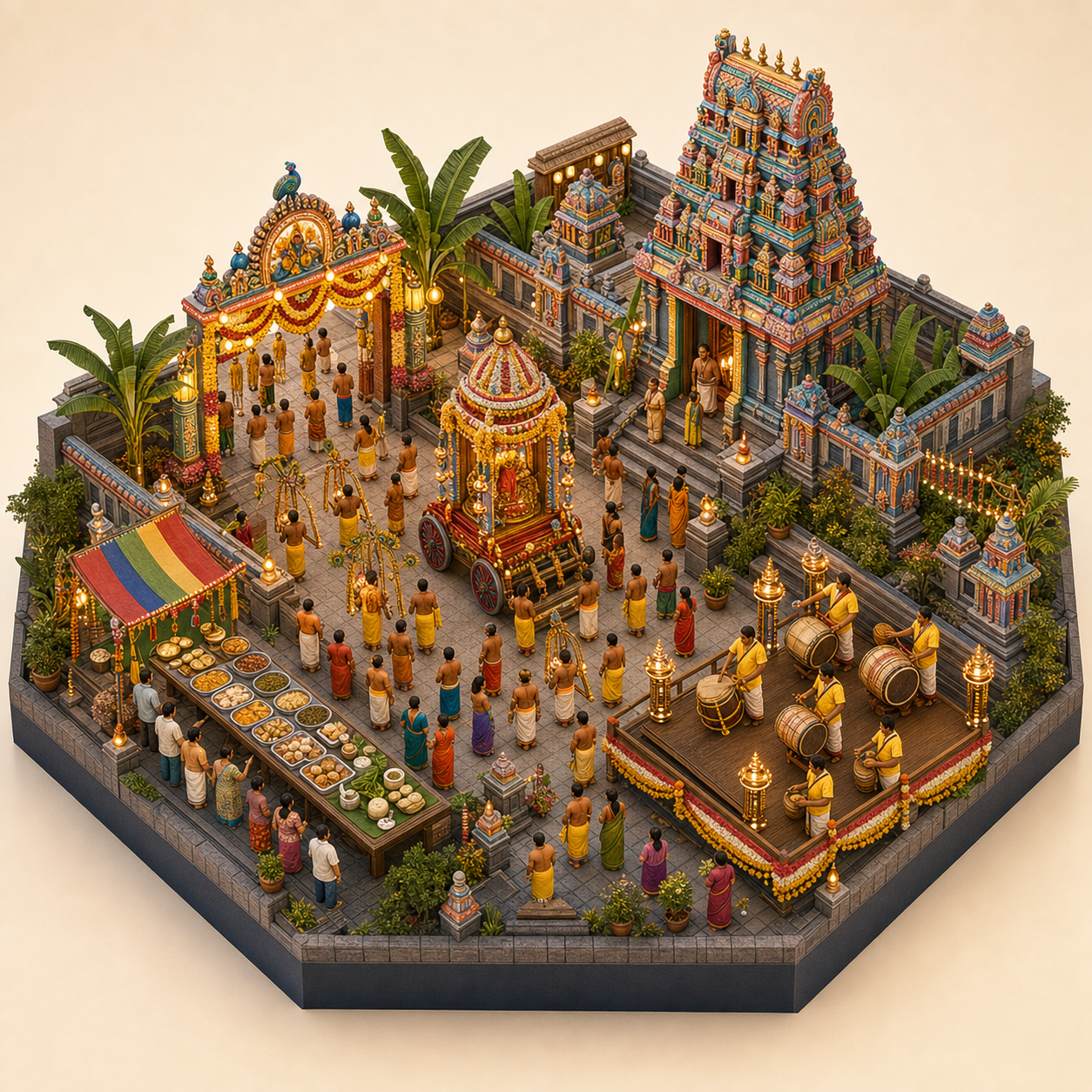 Penang Thaipusam miniature festival model with Hindu temple tower, Festival lamp gate, Temple blessing route, Vegetarian food table, Temple drum line