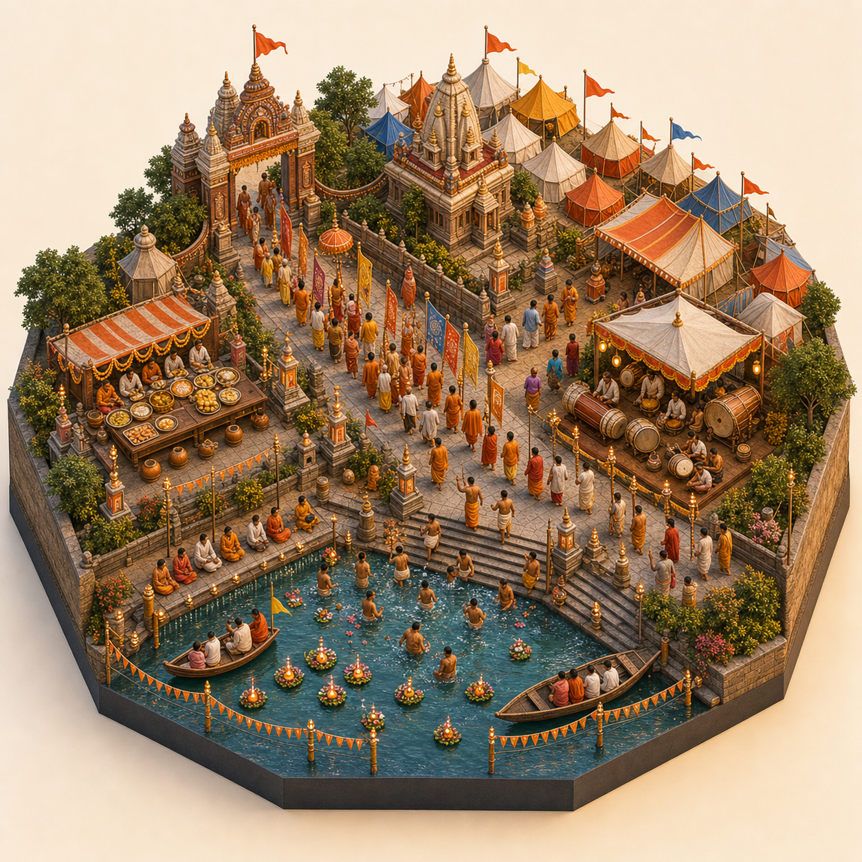 Prayagraj Kumbh Mela miniature festival model with Temple gate, Pilgrim procession path, Sangam bathing ghats, Prasada table, Temple drum camp