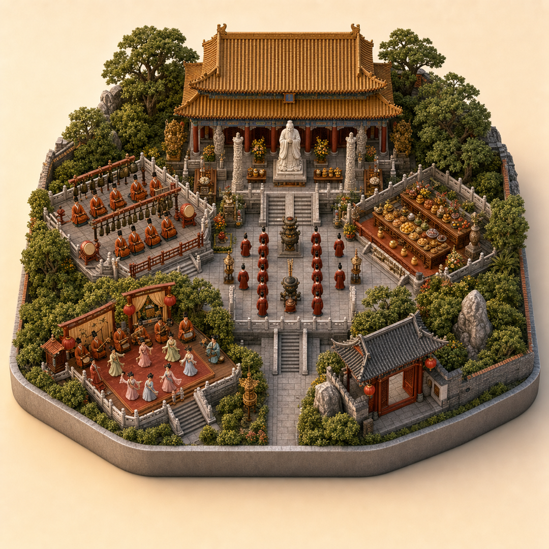 Qufu Confucius Ceremony immersive miniature model with Confucius cue, ritual music cue, sacrificial rite court, offering table, and music corner