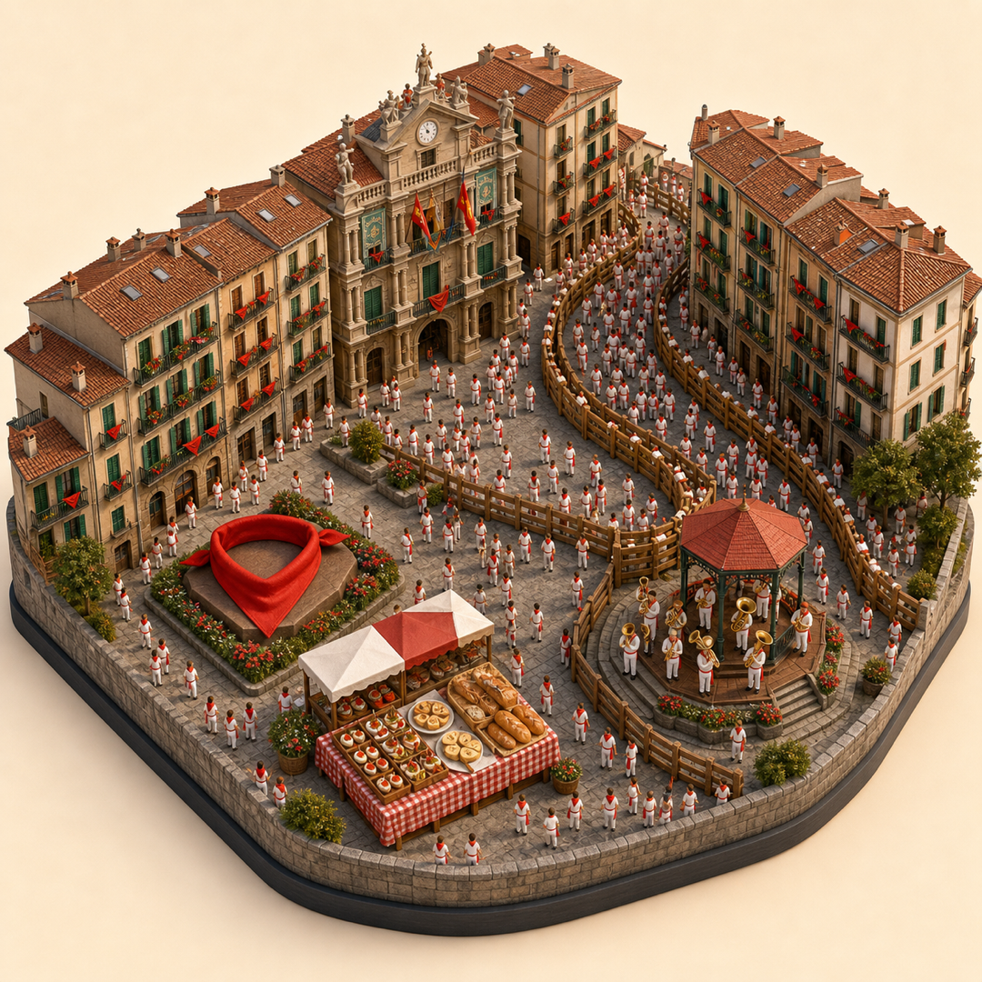 San Fermin immersive miniature model with red scarf, civic procession route, Pamplona old town, festival bread, and brass music