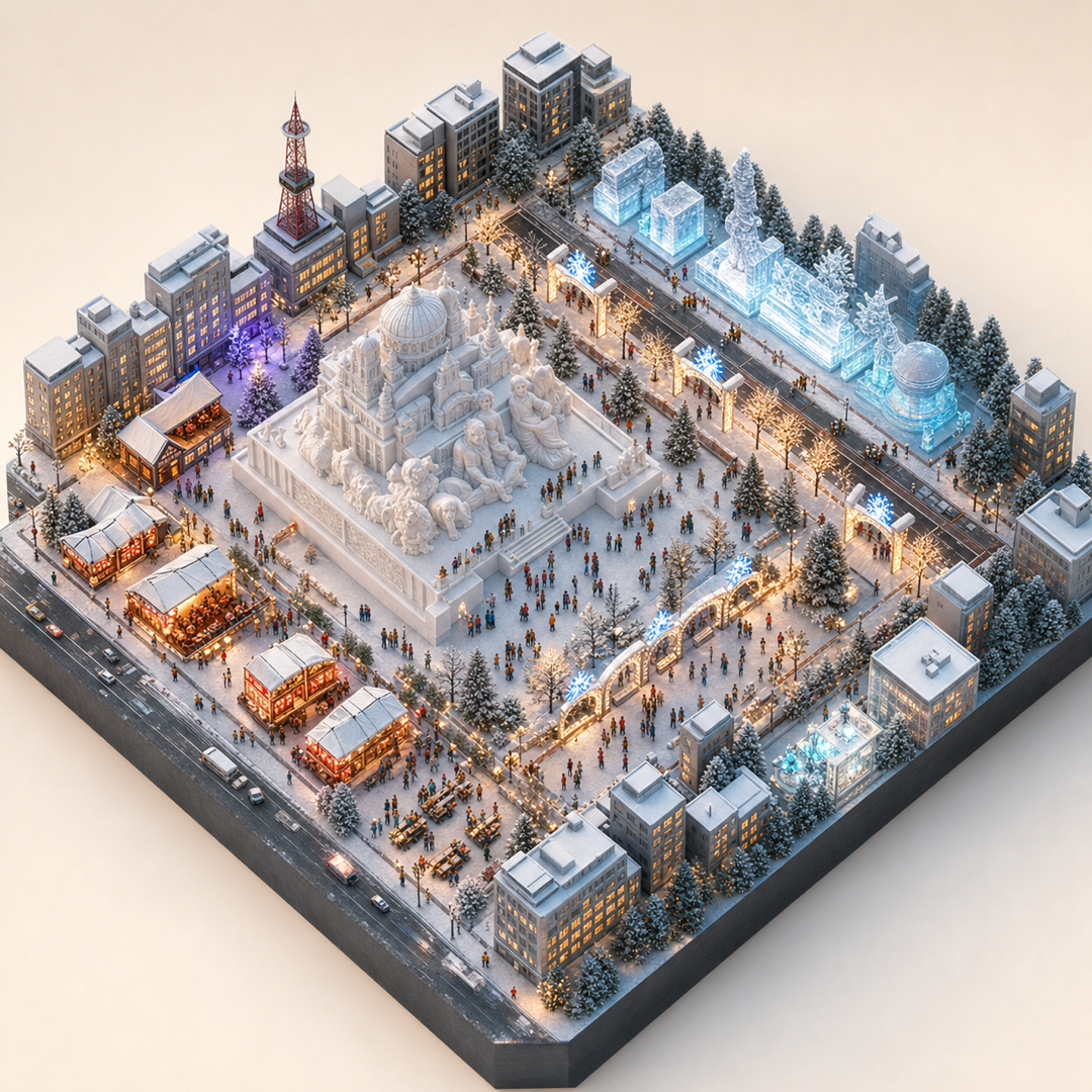 Sapporo Snow Festival isometric miniature model with snow sculpture, winter food stall, Odori Park, Susukino ice sculpture, and light route