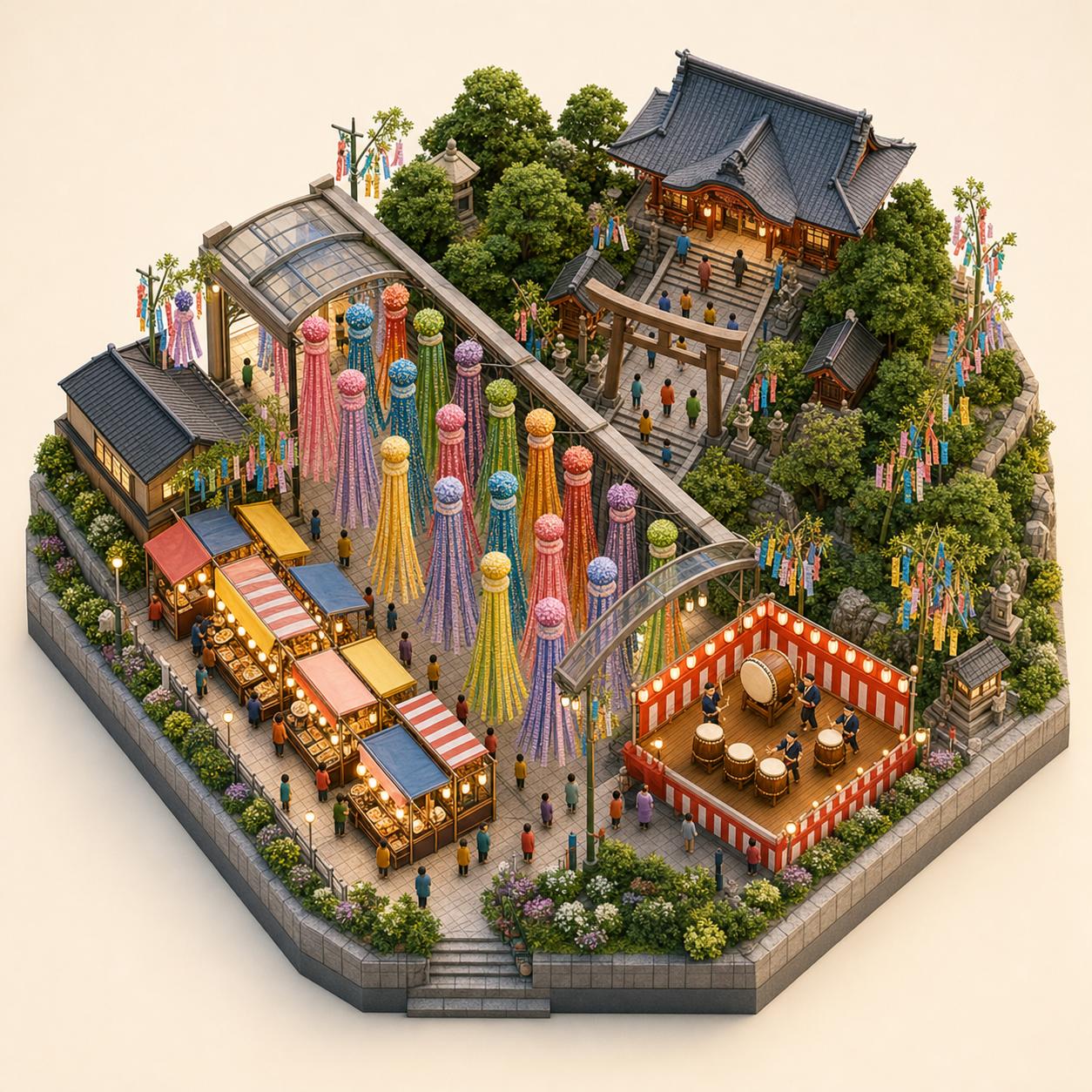 Sendai Tanabata Festival miniature festival model with Shrine approach, Temple roofline, Tanabata streamers, Arcade food stalls, Taiko drum corner