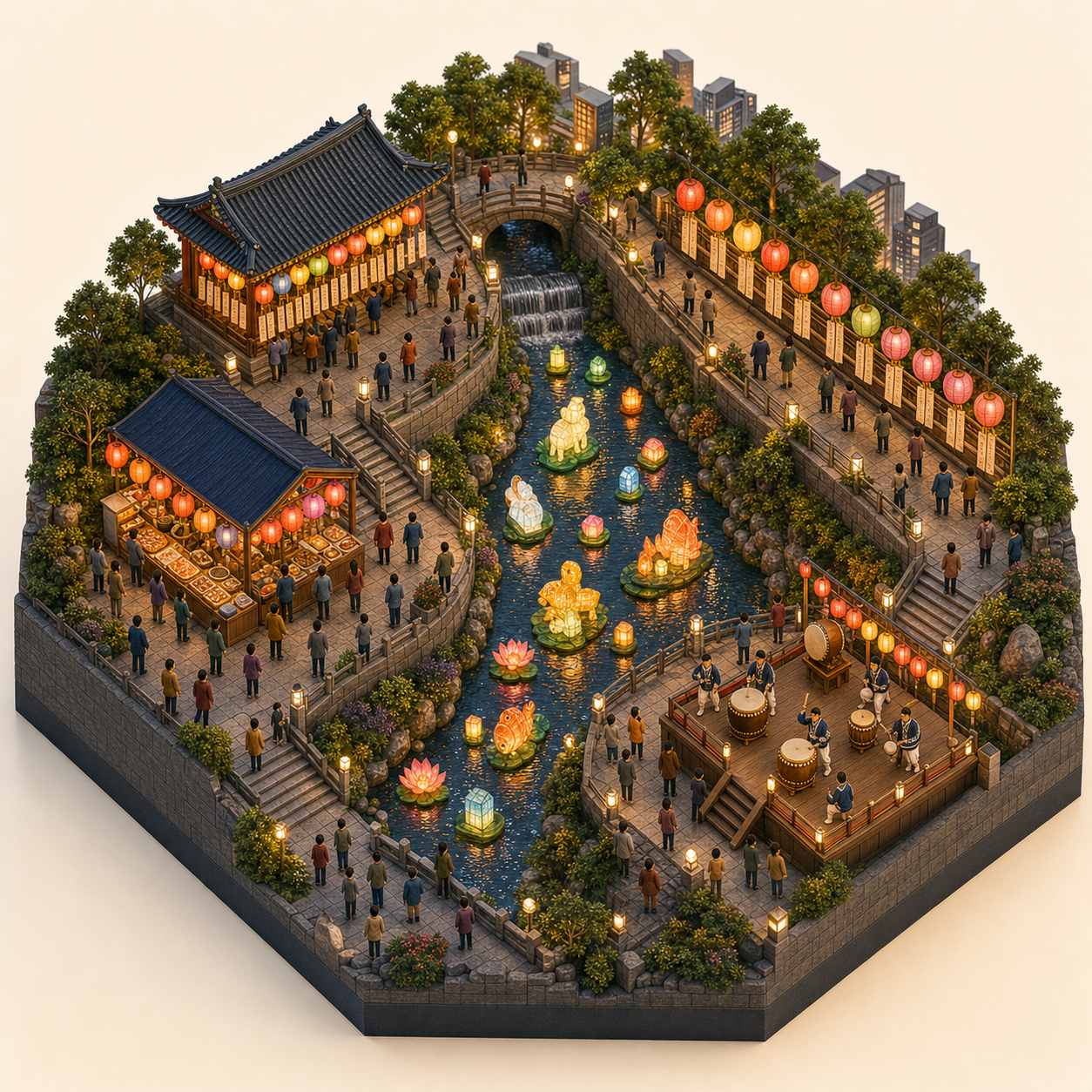 Seoul Lantern Festival miniature festival model with Stream lanterns, Blank riddle slips, Prayer lantern bank, Streamside food stall, Drumming corner