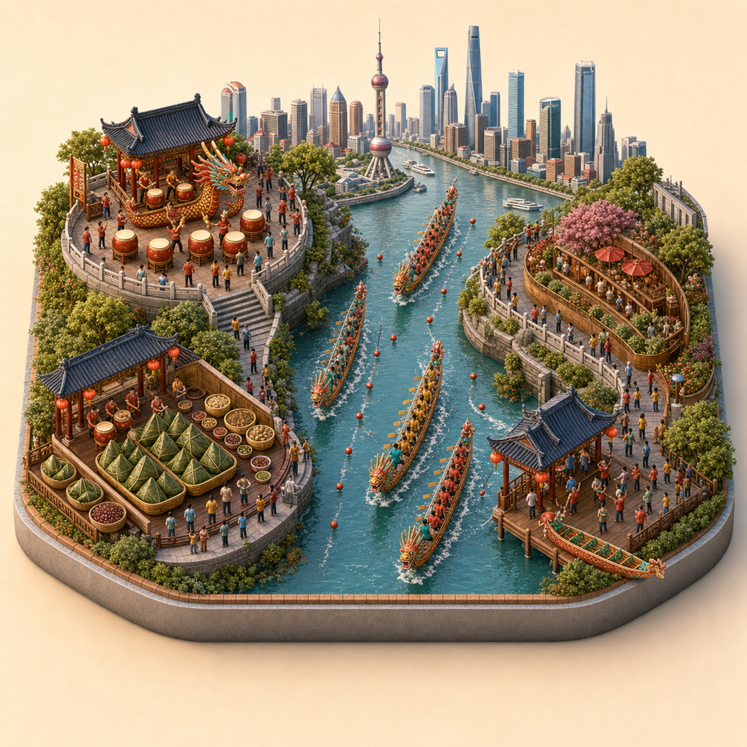 Shanghai Dragon Boat Festival immersive miniature model with dragon boat cue, zongzi cue, riverfront race course, zongzi table, and dragon boat drum corner