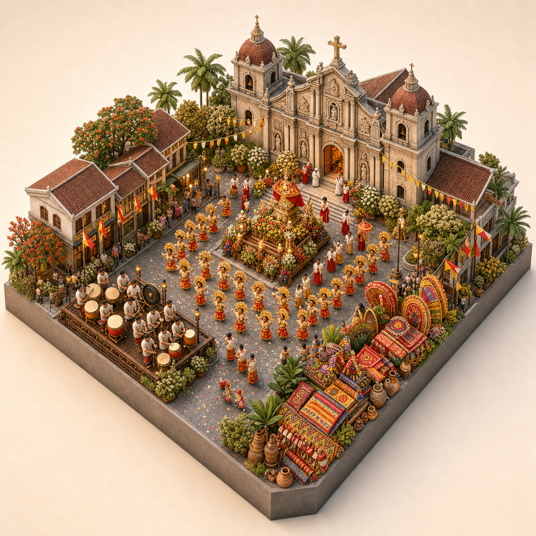 Cebu Sinulog isometric miniature model with sacred image procession, percussion dance cue, Santo Nino church facade, street route, and textile props