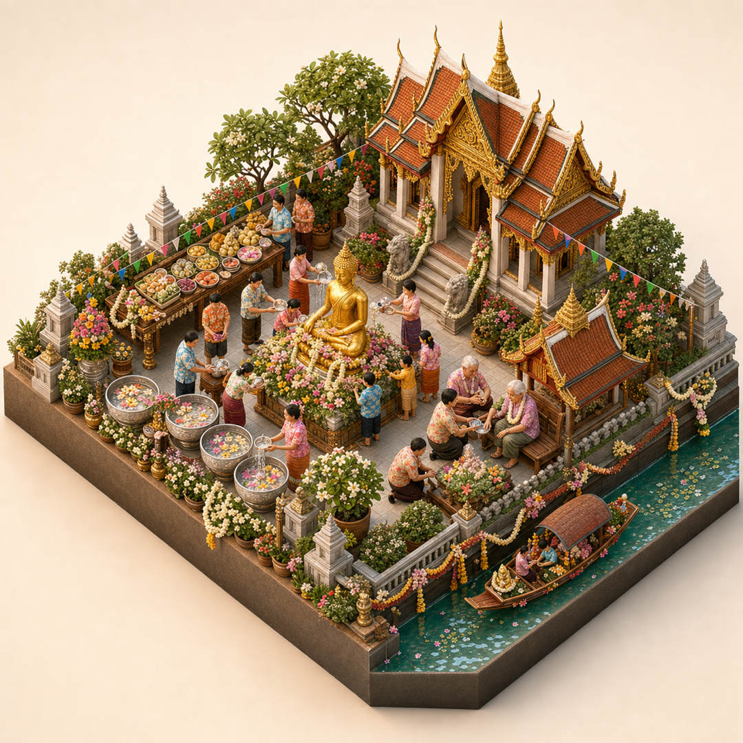 Bangkok Songkran isometric miniature model with water blessing, festival food, Buddha bathing station, elder respect area, and temple courtyard