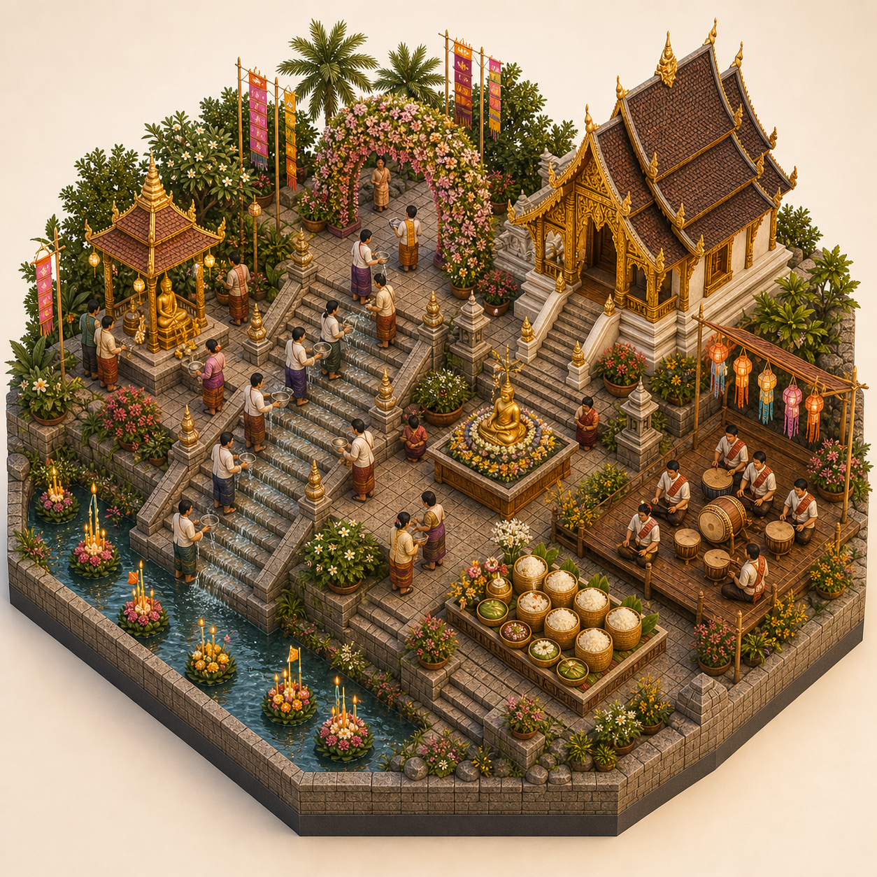 Lao New Year in Luang Prabang miniature festival model with Water blessing steps, New Year flower arch, Buddha bathing shrine, Sticky rice baskets, Traditional drum corner