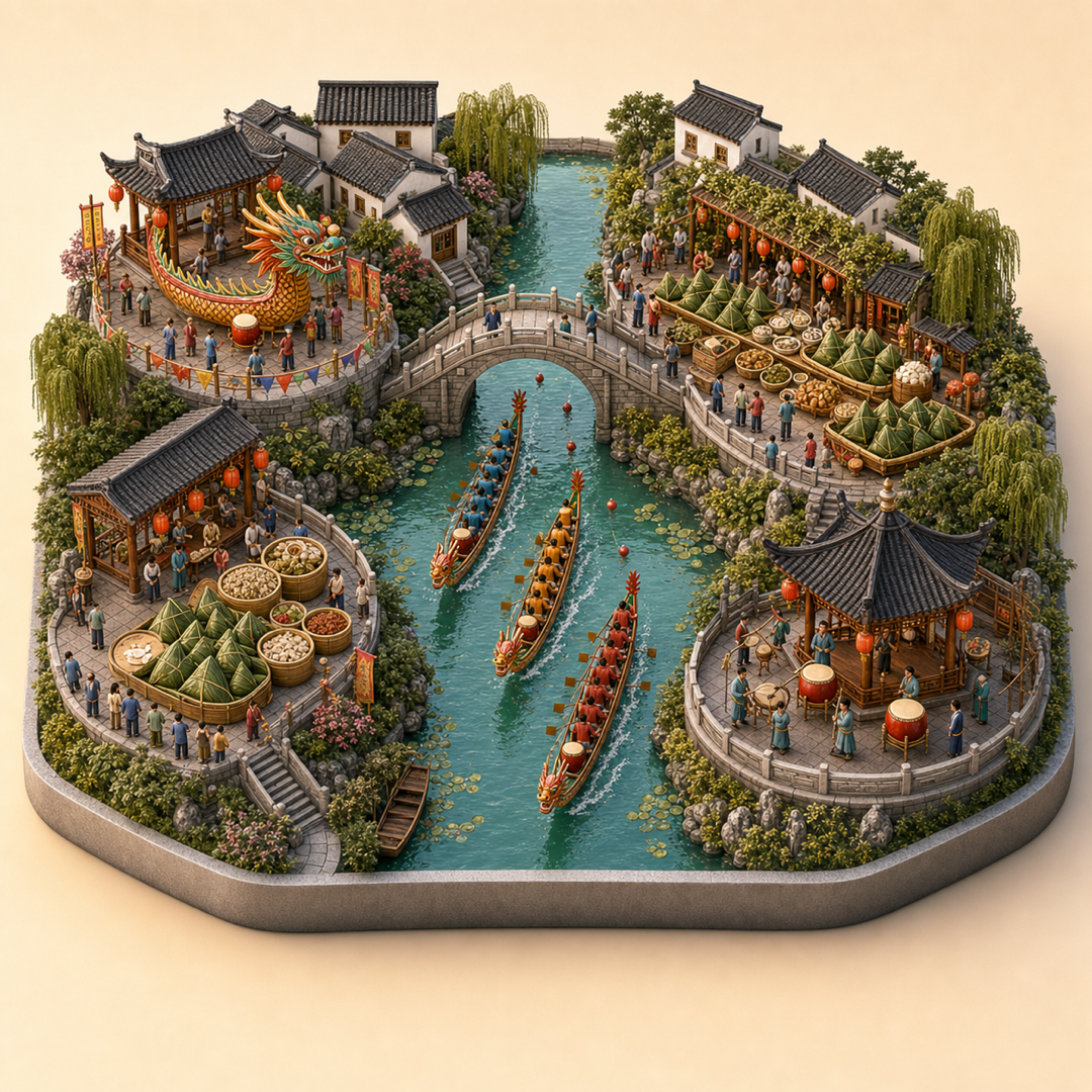 Suzhou Dragon Boat Festival immersive miniature model with dragon boat cue, zongzi cue, water-town race course, zongzi table, and river sound corner