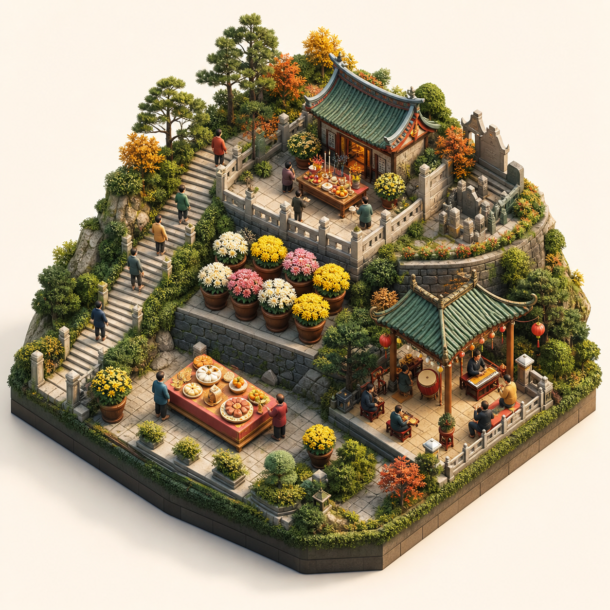 Taiwan Double Ninth miniature festival model with Climbing hillside path, Chrysanthemum pots, Ancestor altar, Double Ninth cake table, Courtyard music platform