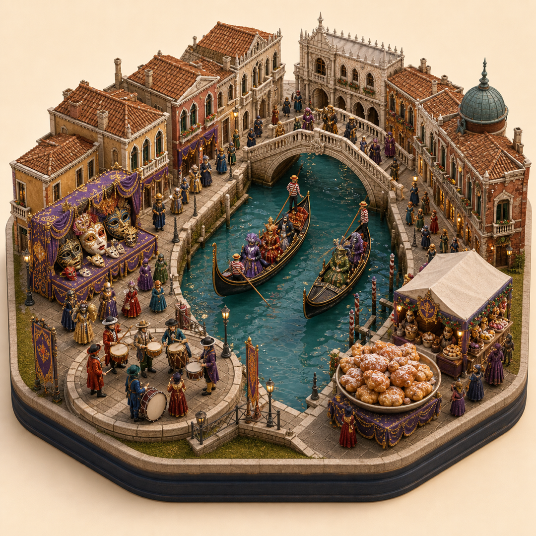 Venice Carnival immersive miniature model with masquerade masks, canal procession, bridge setting, sweet platter, and drum corner