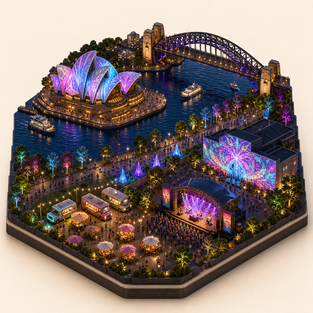 Miniature model visual journey for Vivid Sydney, with five clickable festival zones.