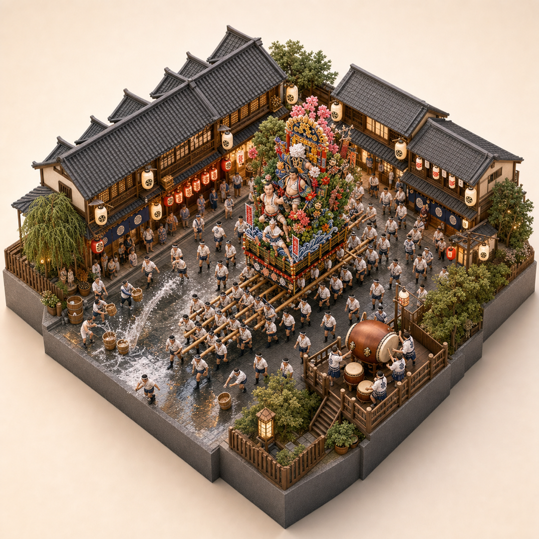 Hakata Gion Yamakasa isometric miniature model with float, drumming, kakiyama float, water cleansing route, and Fukuoka merchant street