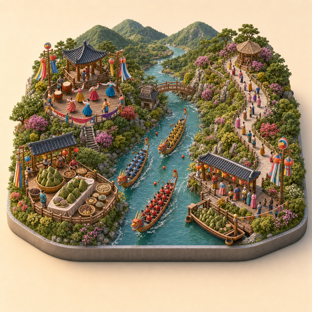 Yanbian Dragon Boat Festival immersive miniature model with dragon boat cue, zongzi cue, spring outing path, zongzi table, and dance drum corner