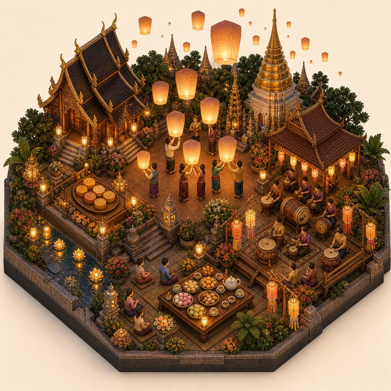 Yi Peng Lantern Festival miniature festival model with Moonlit courtyard, Mooncake tray, Sky lantern cluster, Sweets and tea table, Lantern percussion corner