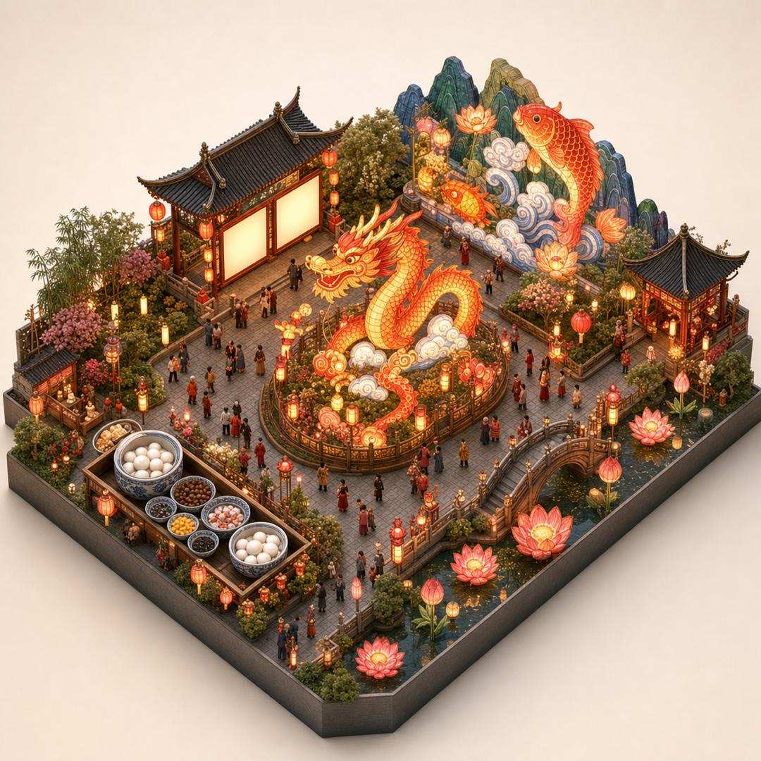 Zigong Lantern Festival isometric miniature model with lantern display, tangyuan, giant lantern set, riddle pavilion, and garden walkway